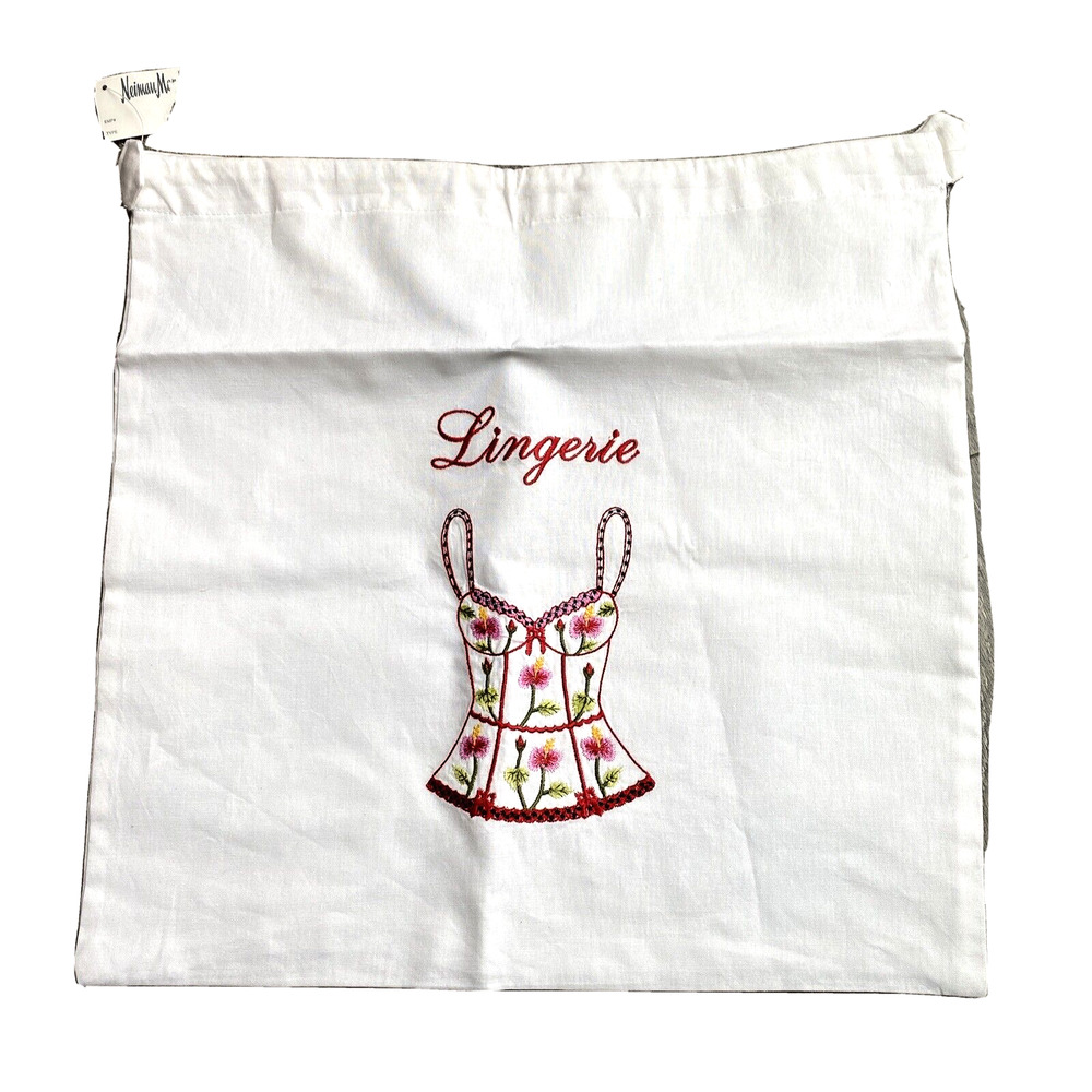 NEW old stock cotton lingerie storage bag embroidery on white cotton drawstring